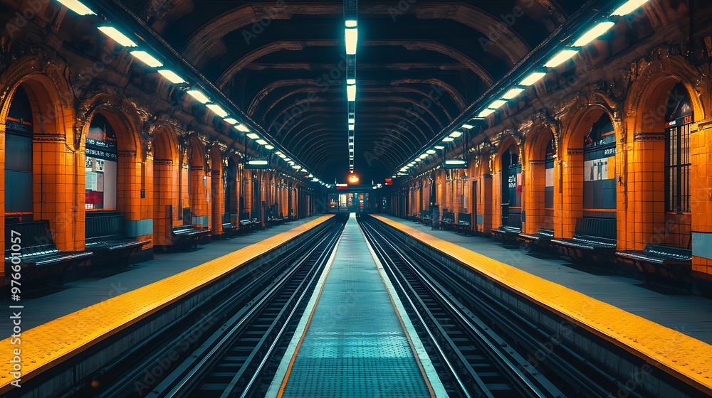 Subway Station Platform with Yellow Stripe and Tracks Subway Station Platform with Yellow Stripe and Tracks