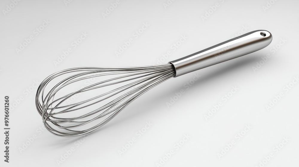 A stainless steel whisk used for mixing and blending ingredients. A stainless steel whisk used for mixing and blending ingredients.