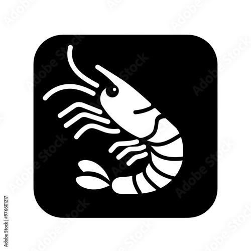 This black and white shrimp icon showcases clear details of the creature's features, including its antennae and claws, ideal for food or marine-related designs