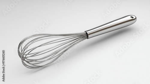 A stainless steel whisk used for mixing and blending ingredients.