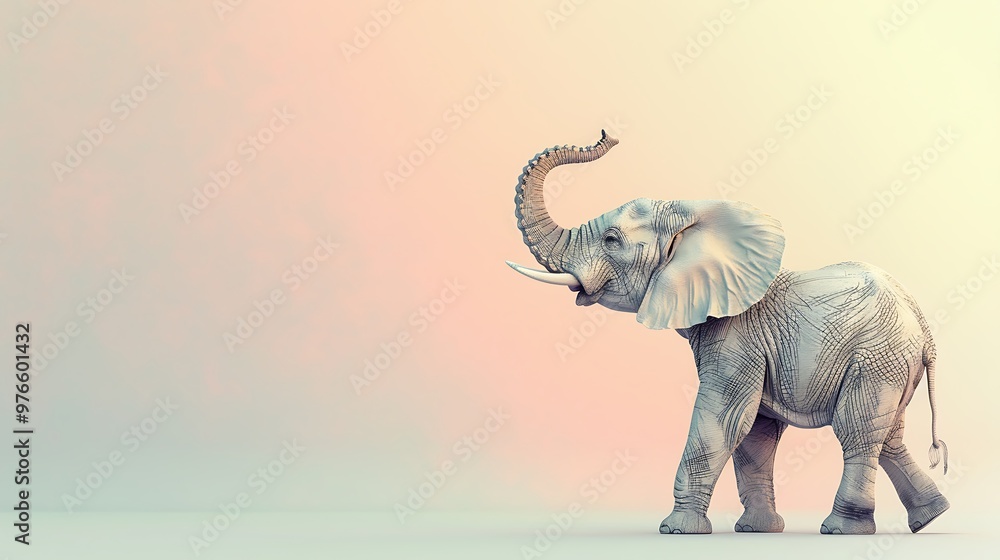 Fototapeta premium Elephant Walking Away with Trunk Raised on White Background