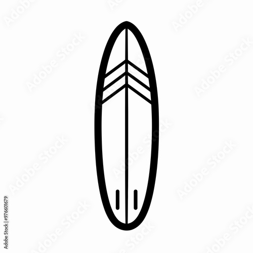 A surfboard with a streamlined silhouette and three distinctive fin placements, symbolizing the essence of surfing and beach adventures