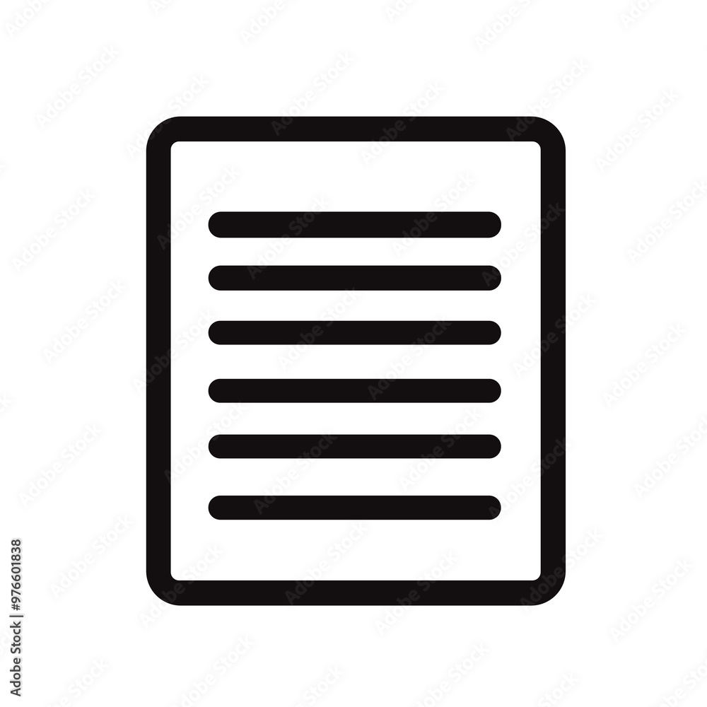 This icon represents a document with horizontal lines suggesting text, set against a minimalistic white background, ideal for digital applications This icon represents a document with horizontal lines suggesting text, set against a minimalistic white background, ideal for digital applications