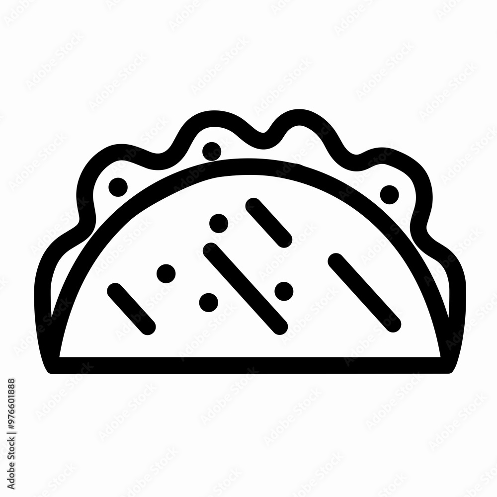A black and white graphic representation of a taco with a curved shell, featuring layered toppings and dotted details symbolizes traditional Mexican cuisine A black and white graphic representation of a taco with a curved shell, featuring layered toppings and dotted details symbolizes traditional Mexican cuisine
