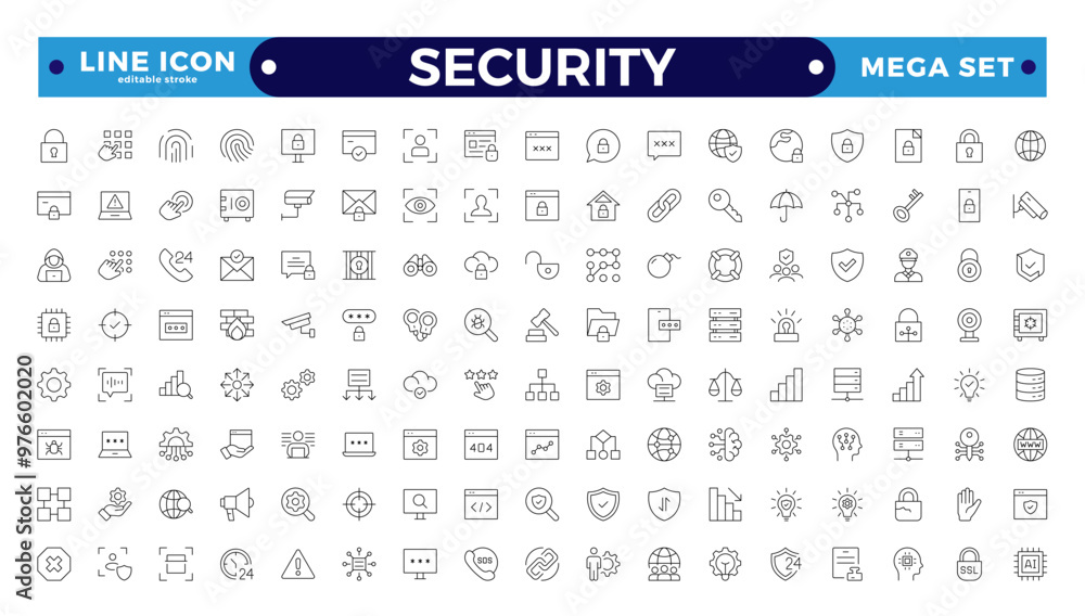 Security Outline icons set. Protection symbols. Security symbols vector. Safety, security, protection thin line icons. For website marketing design, , app, template, UI. Editable stroke outline icon
Security Outline icons set. Protection symbols. Security symbols vector. Safety, security, protection thin line icons. For website marketing design, , app, template, UI. Editable stroke outline icon