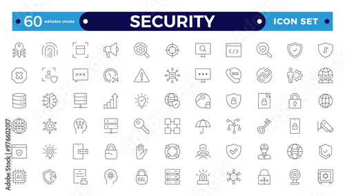 Security  Outline icons set. Protection symbols. Security symbols vector. Safety, security, protection thin line icons. For website marketing design, , app, template, UI. Editable stroke outline icon
