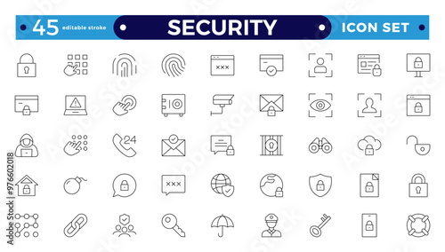 Security  Outline icons set. Protection symbols. Security symbols vector. Safety, security, protection thin line icons. For website marketing design, , app, template, UI. Editable stroke outline icon
