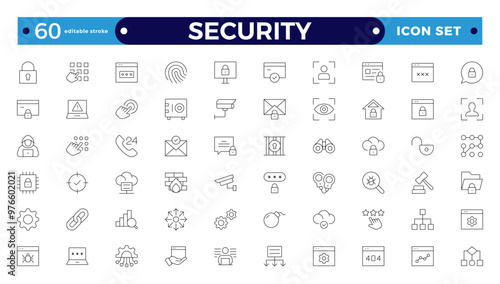 Security  Outline icons set. Protection symbols. Security symbols vector. Safety, security, protection thin line icons. For website marketing design, , app, template, UI. Editable stroke outline icon
