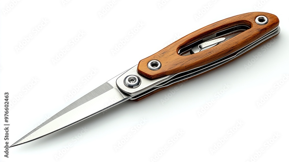 A sleek folding knife with a wooden handle and a sharp blade. A sleek folding knife with a wooden handle and a sharp blade.