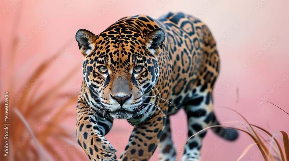 Obraz premium Close up of a Jaguar with Rosette Pattern and Intense Stare in a Pink Blurred Background
