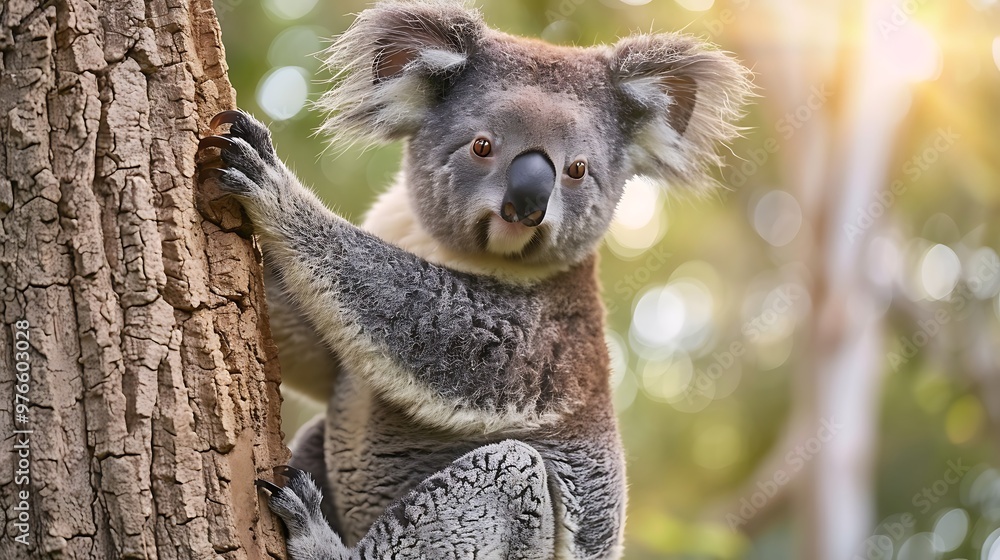 Fototapeta premium Cute Koala Bear Climbing Tree in Natural Habitat
