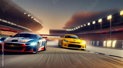 Wallpaper Mural Generic red racing cars moving at high speed with motion blur on the race track. powerful race cars racing past an empty grandstand in sleek and aerodynamic. Torontodigital.ca