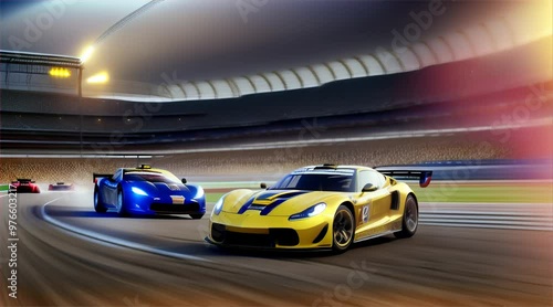 Wallpaper Mural Generic red racing cars moving at high speed with motion blur on the race track. powerful race cars racing past an empty grandstand in sleek and aerodynamic. Torontodigital.ca