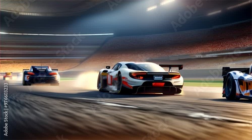 Wallpaper Mural Generic red racing cars moving at high speed with motion blur on the race track. powerful race cars racing past an empty grandstand in sleek and aerodynamic. Torontodigital.ca