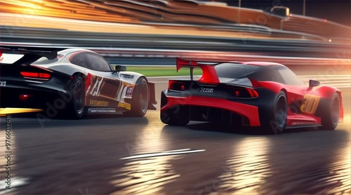 Wallpaper Mural Generic red racing cars moving at high speed with motion blur on the race track. powerful race cars racing past an empty grandstand in sleek and aerodynamic. Torontodigital.ca