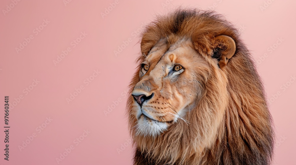 Majestic Lion Portrait Against Pink Background Majestic Lion Portrait Against Pink Background