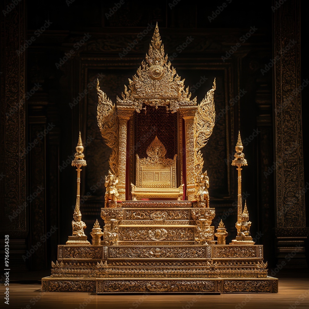 Exquisite royal throne showcasing intricate golden details and artistry, symbolizing power and prestige in a grand setting. Exquisite royal throne showcasing intricate golden details and artistry, symbolizing power and prestige in a grand setting.