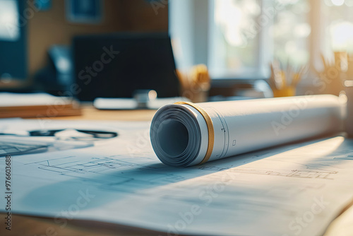 Architectural blueprints rolled up with a rubber band on a desk 