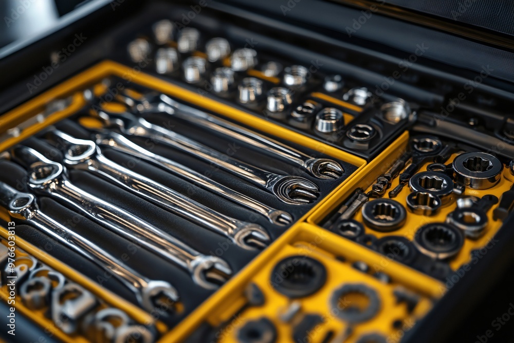 Close-up of toolbox with various tools, yellow color focus with shallow depth of field Close-up of toolbox with various tools, yellow color focus with shallow depth of field