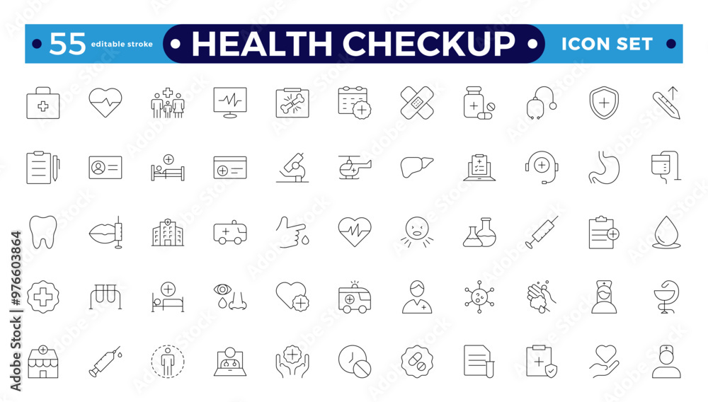 The health checkup line icon is set with health care, institution, patient, science, medical equipment, and general and emergency departments. Editable stroke outline icon. The health checkup line icon is set with health care, institution, patient, science, medical equipment, and general and emergency departments. Editable stroke outline icon.