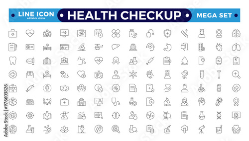 The health checkup line icon is set with health care, institution, patient, science, medical equipment, and general and emergency departments. Editable stroke outline icon. 