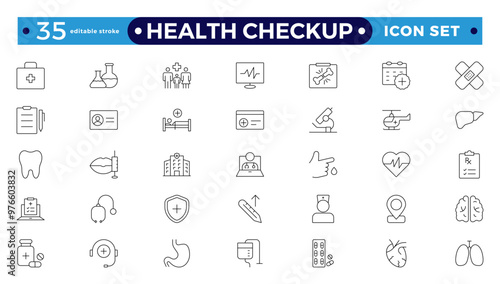 The health checkup line icon is set with health care, institution, patient, science, medical equipment, and general and emergency departments. Editable stroke outline icon. 