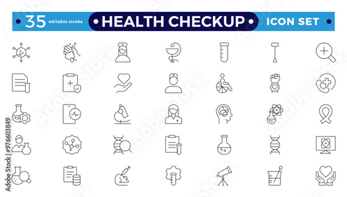 The health checkup line icon is set with health care, institution, patient, science, medical equipment, and general and emergency departments. Editable stroke outline icon. 