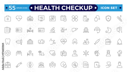 The health checkup line icon is set with health care, institution, patient, science, medical equipment, and general and emergency departments. Editable stroke outline icon. 
