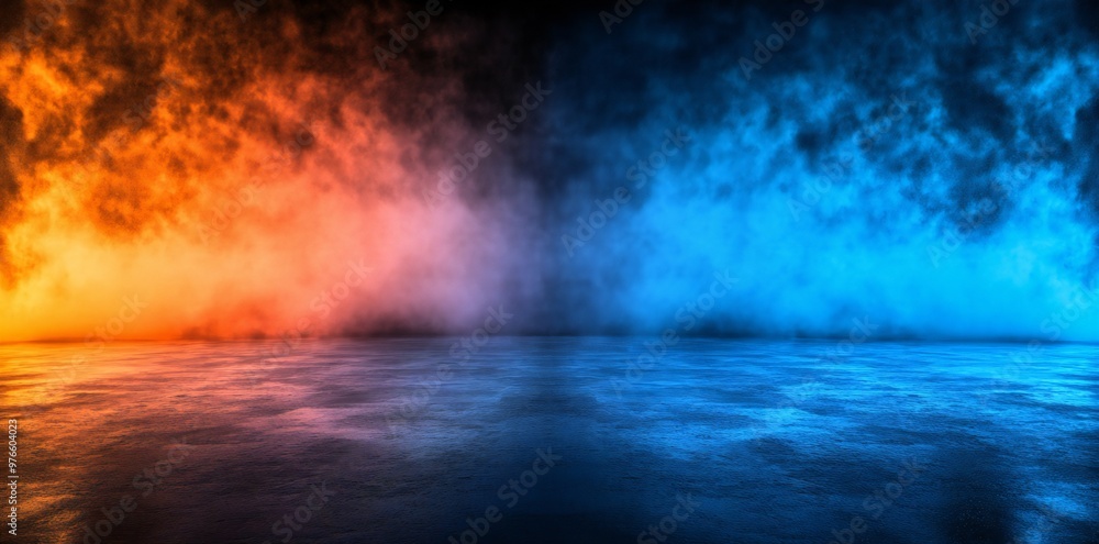 Abstract blue and orange gradient with smoke on the floor, product presentation background Abstract blue and orange gradient with smoke on the floor, product presentation background