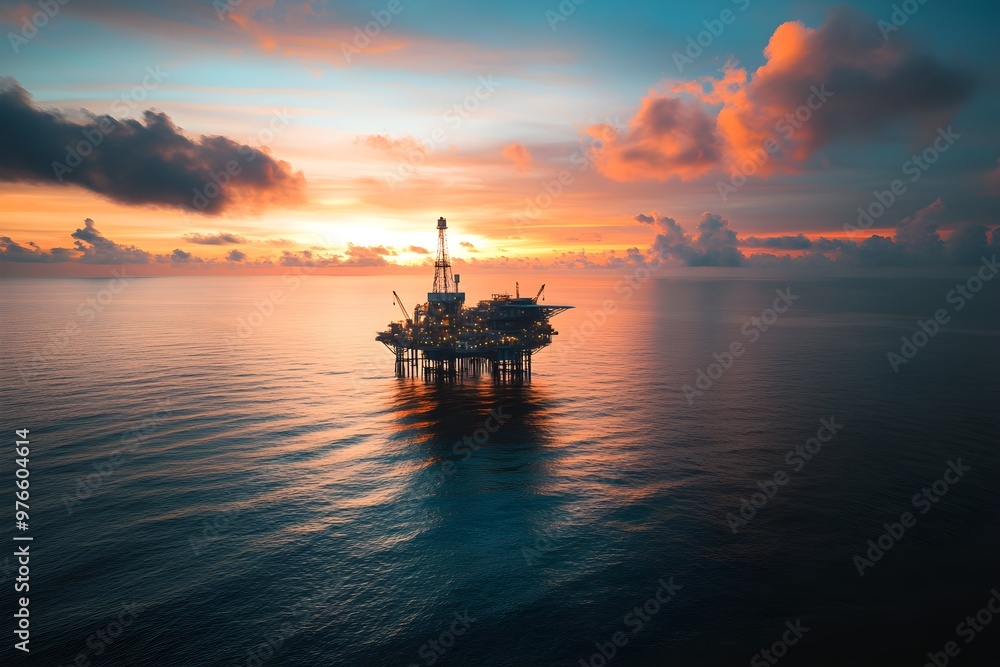 Oil platform at sea during sunrise, energy and petrochemical industry concept Oil platform at sea during sunrise, energy and petrochemical industry concept