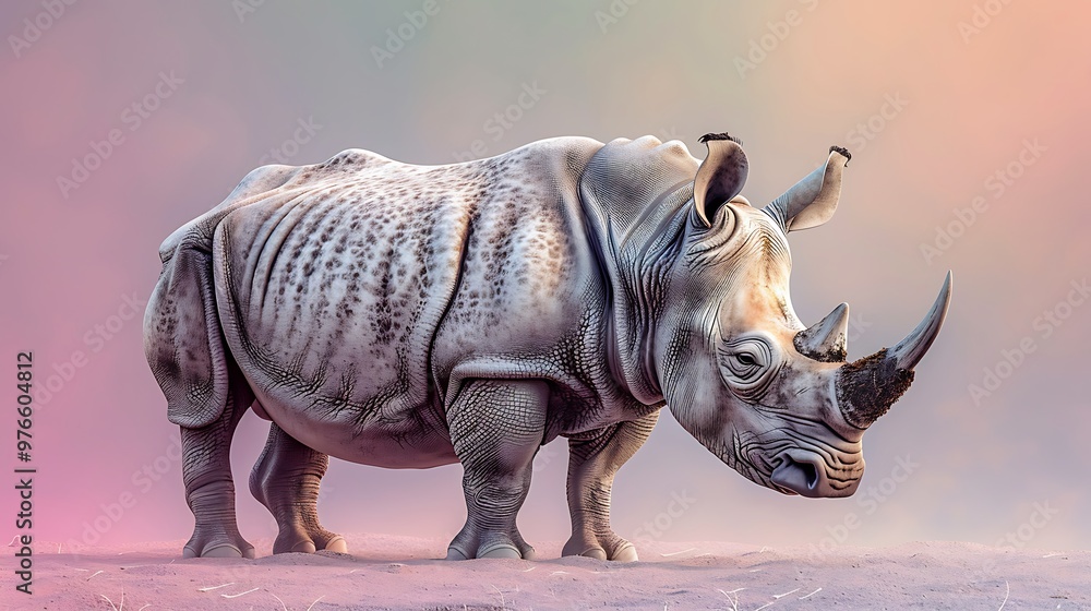 Fototapeta premium White Rhinoceros Standing in Sandy Habitat with Pink Background
