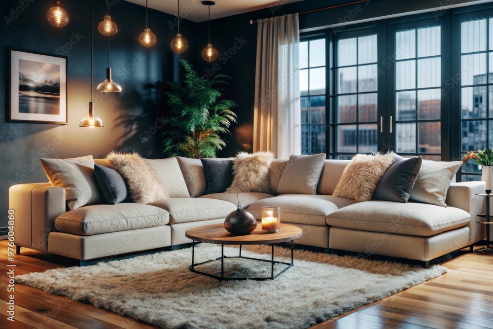 Fototapeta premium Cozy Living Room with Light Beige Sectional Sofa