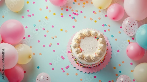 Birthday Cake with Balloons and Confetti