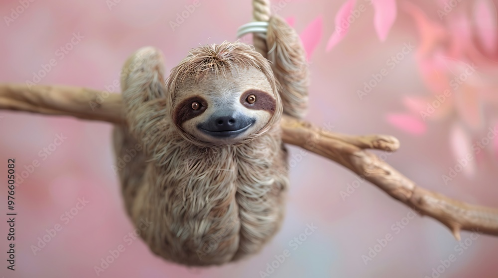 Obraz premium Cute Sloth Hanging On Branch With Pink Background