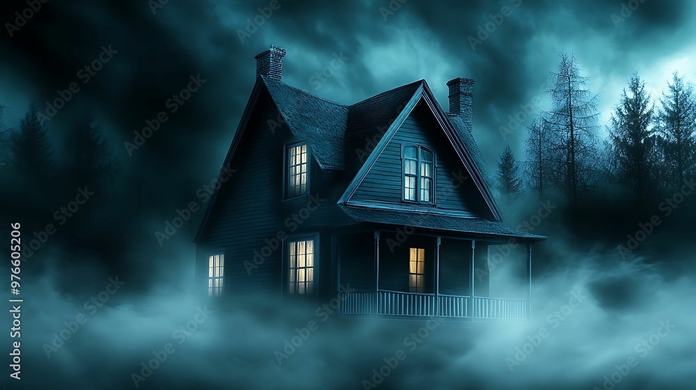 Haunting Gothic Victorian Mansion Enveloped in Creepy Mist Amid Dark, Mysterious Forest Haunting Gothic Victorian Mansion Enveloped in Creepy Mist Amid Dark, Mysterious Forest