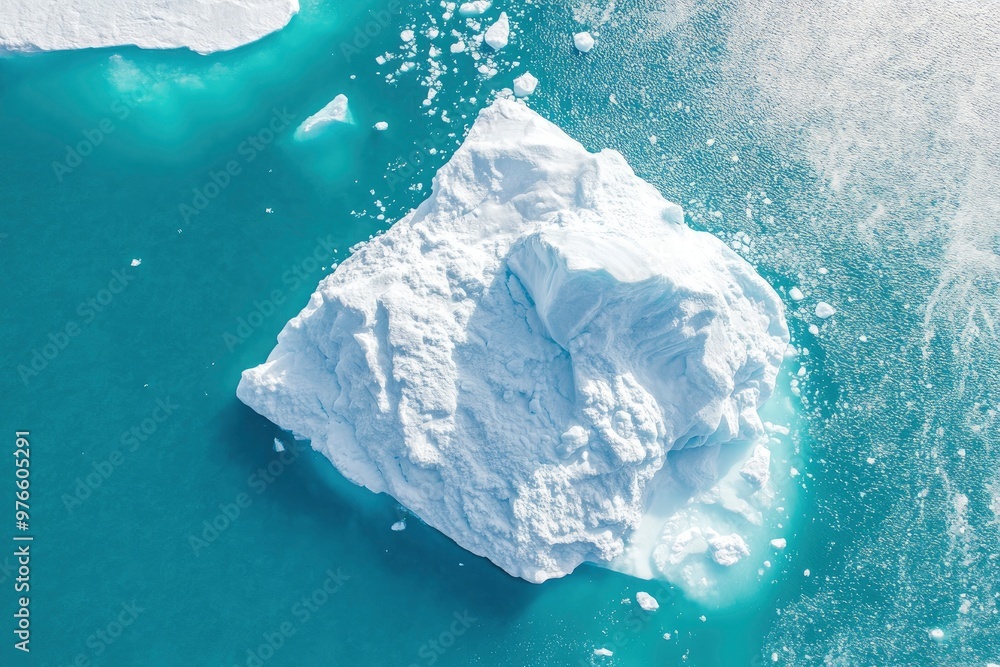 Towering melting iceberg in Arctic icy ocean. Snow covered glacier drift under blue sunny sky. Pure ice floats in turquoise water. Ecology, melting ice, climate change global warming. Aerial view , ai Towering melting iceberg in Arctic icy ocean. Snow covered glacier drift under blue sunny sky. Pure ice floats in turquoise water. Ecology, melting ice, climate change global warming. Aerial view , ai