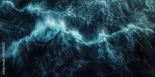 Top view of dark blue ocean wave surface, swirling, abstract.