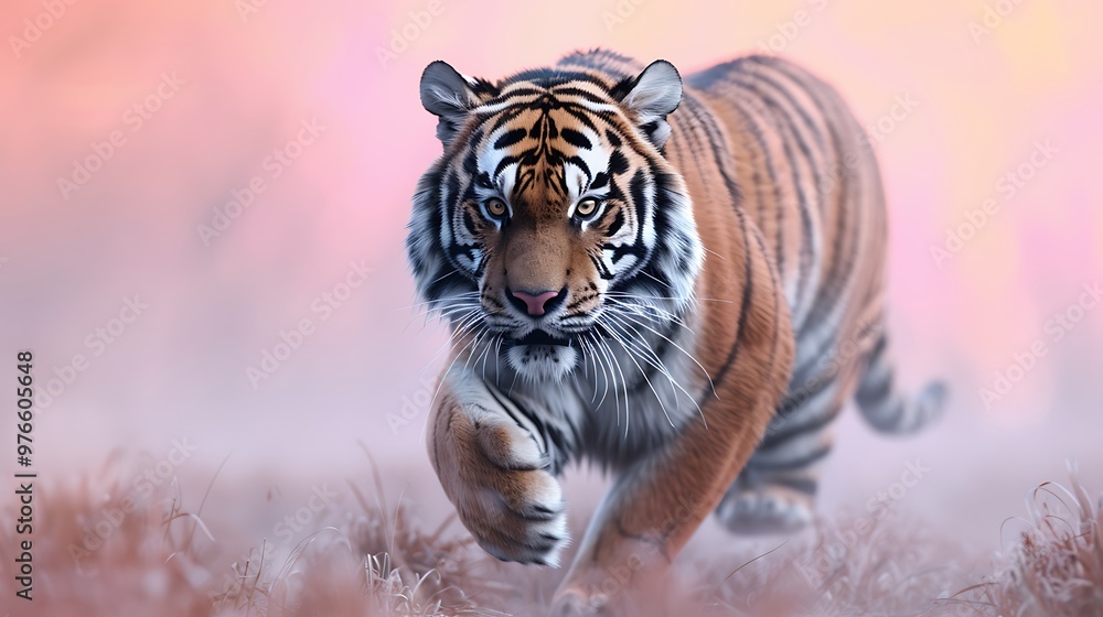 Obraz premium Majestic Tiger Walking Through Tall Grass With Pink Background
