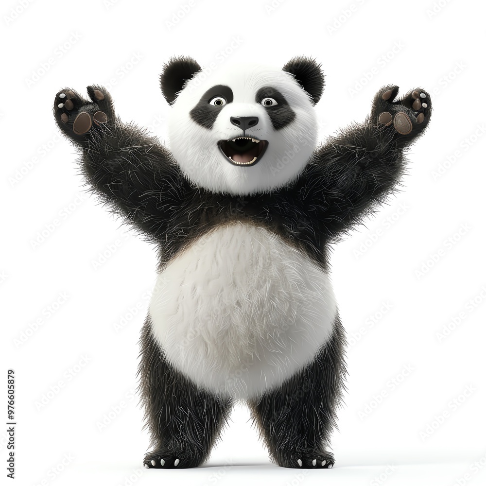 Obraz premium 3D illustration of a joyful panda standing with arms wide, isolate on white background, front view, gentle lighting, realistic fur and happy expression