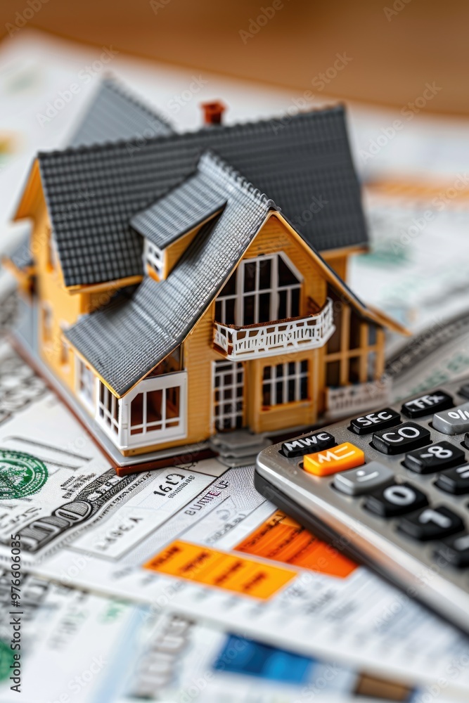 The house model and calculator on the table The house model and calculator on the table