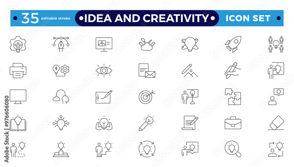 Idea and creativity outline icon set. Innovation icon set. Containing creativity, invention, prototype, visionary, idea generation, agile, revolution, and more. Editable stroke outline icon.
Idea and creativity outline icon set. Innovation icon set. Containing creativity, invention, prototype, visionary, idea generation, agile, revolution, and more. Editable stroke outline icon.