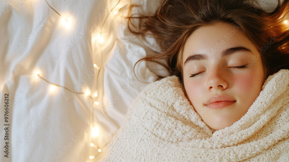 A person lying in bed with soft lighting, wrapped in cozy blanket, exudes sense of tranquility and comfort. warm glow of fairy lights enhances peaceful atmosphere, creating serene environment for rela A person lying in bed with soft lighting, wrapped in cozy blanket, exudes sense of tranquility and comfort. warm glow of fairy lights enhances peaceful atmosphere, creating serene environment for rela