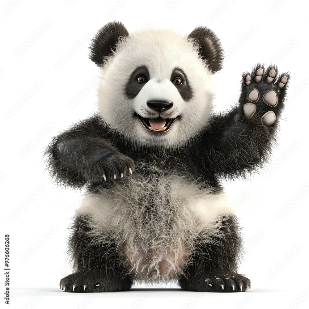Naklejka premium 3D illustration of a smiling panda waving, isolate on white background, front view, gentle lighting, detailed fur and friendly expression