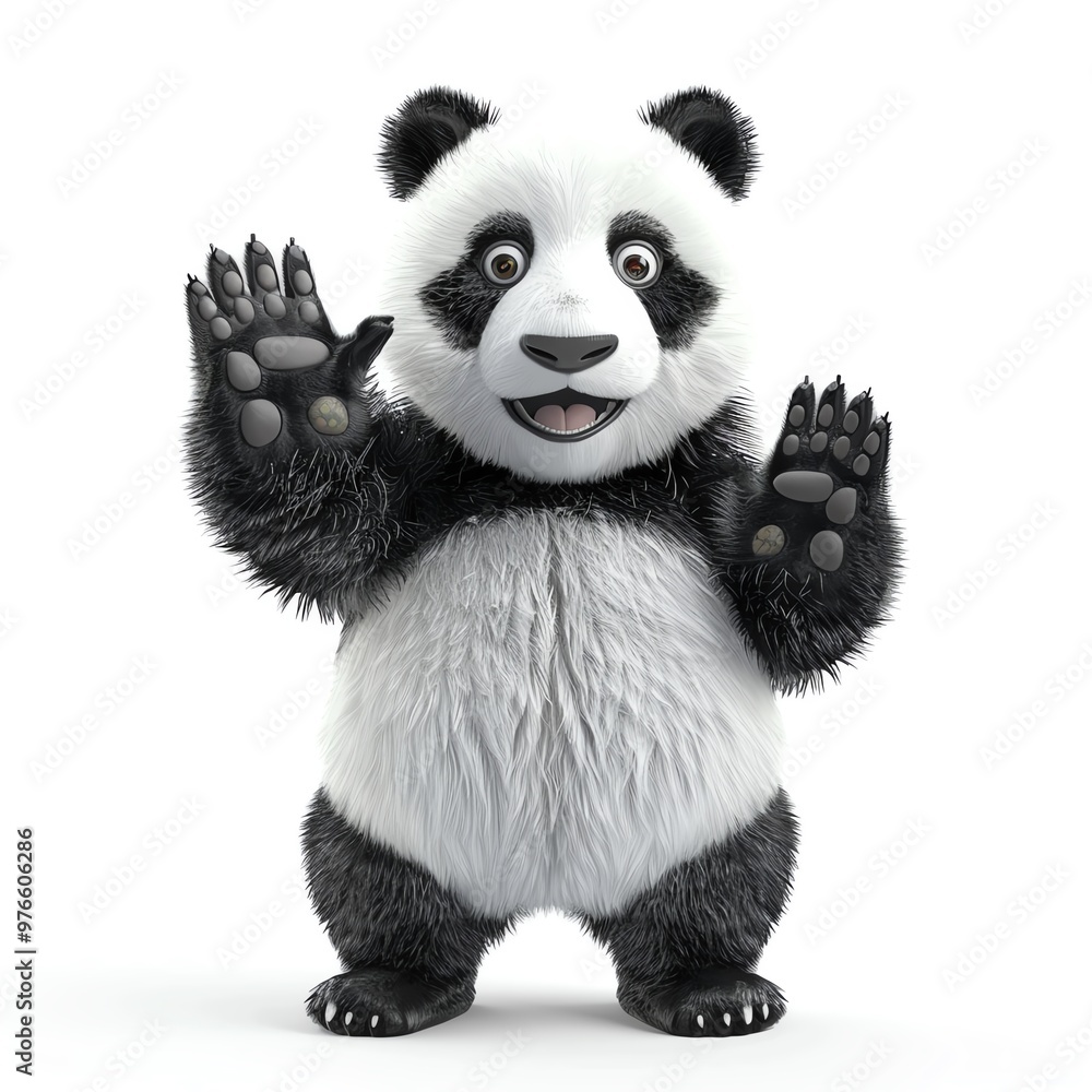 3D illustration of a smiling panda waving, isolate on white background, front view, gentle lighting, detailed fur and friendly expression 3D illustration of a smiling panda waving, isolate on white background, front view, gentle lighting, detailed fur and friendly expression