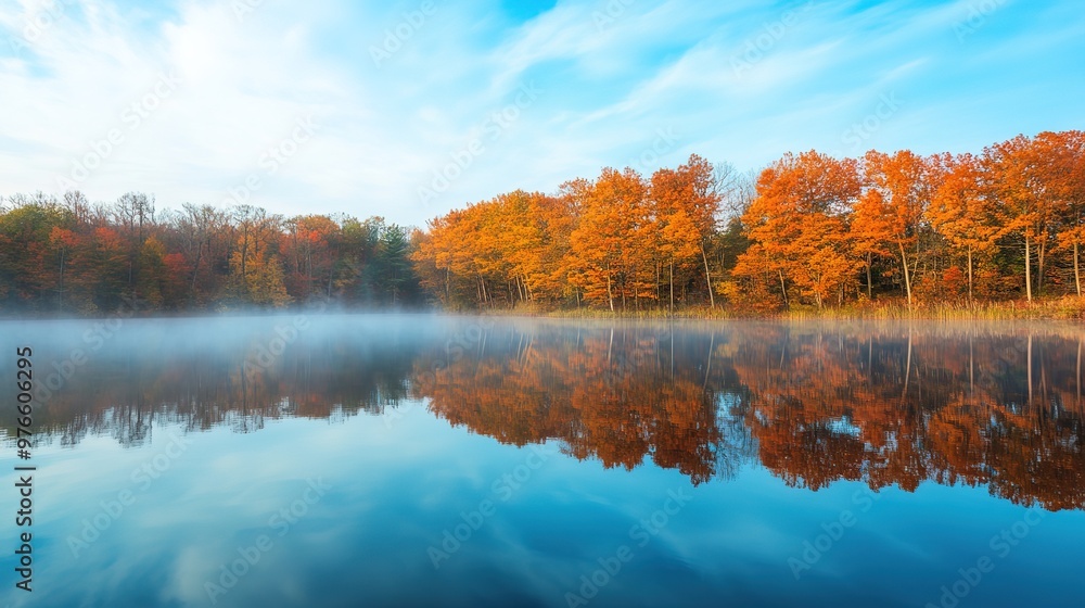 A serene autumn landscape featuring a calm lake that beautifully reflects the vibrant trees adorned with fall foliage. The composition showcases a harmonious blend of cool blues A serene autumn landscape featuring a calm lake that beautifully reflects the vibrant trees adorned with fall foliage. The composition showcases a harmonious blend of cool blues