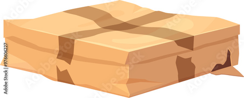 Damaged and crumpled cardboard delivery box. Cartoon vector parcel package shows signs of being ripped and broken, indicating poor handling during shipment, issues with shipping and delivery services