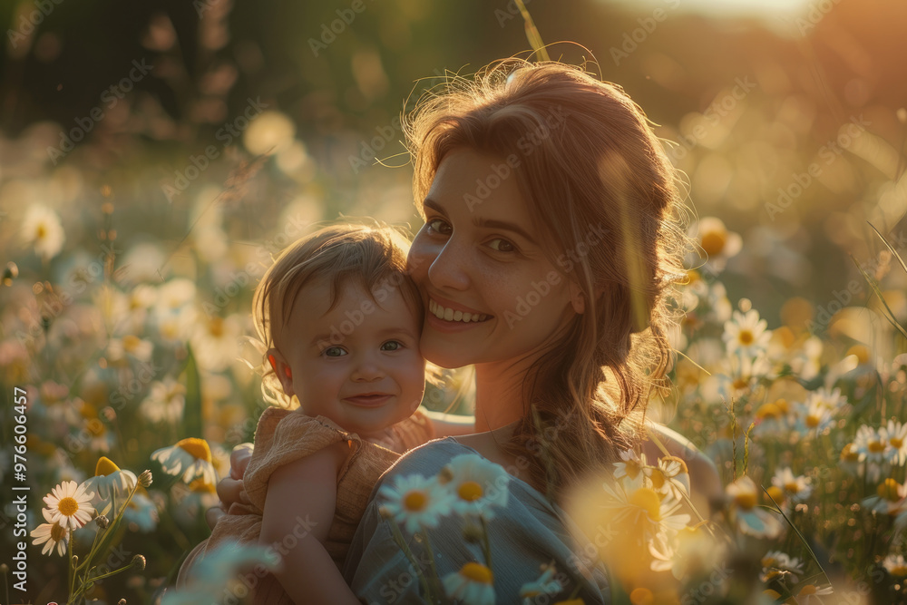 Obraz premium Mother and baby in the flower bushes in the outskirts