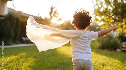 A child wearing homemade cape joyfully runs through sunlit garden, embracing freedom of play. warm sunlight creates magical atmosphere, enhancing moment photo