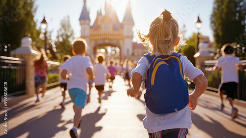Fototapeta Naklejka Na Ścianę i Meble -  A group of children excitedly runs towards theme park entrance, filled with joy and anticipation. sun shines brightly, creating magical atmosphere as they approach colorful castle