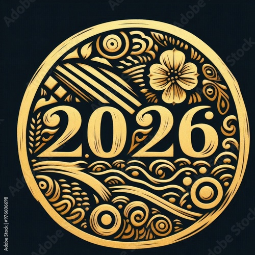 2026 Golden Sunburst: Ornate Vintage Design for the New Year with Generative AI.